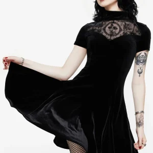 Cameo Hoch Hals Beflockt Mesh Insert Skater Mini Kleid