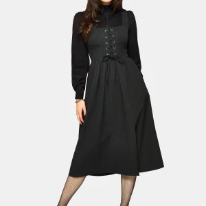 Gloom Lace Up Front Corset Detail Pinstripe Midi Dress