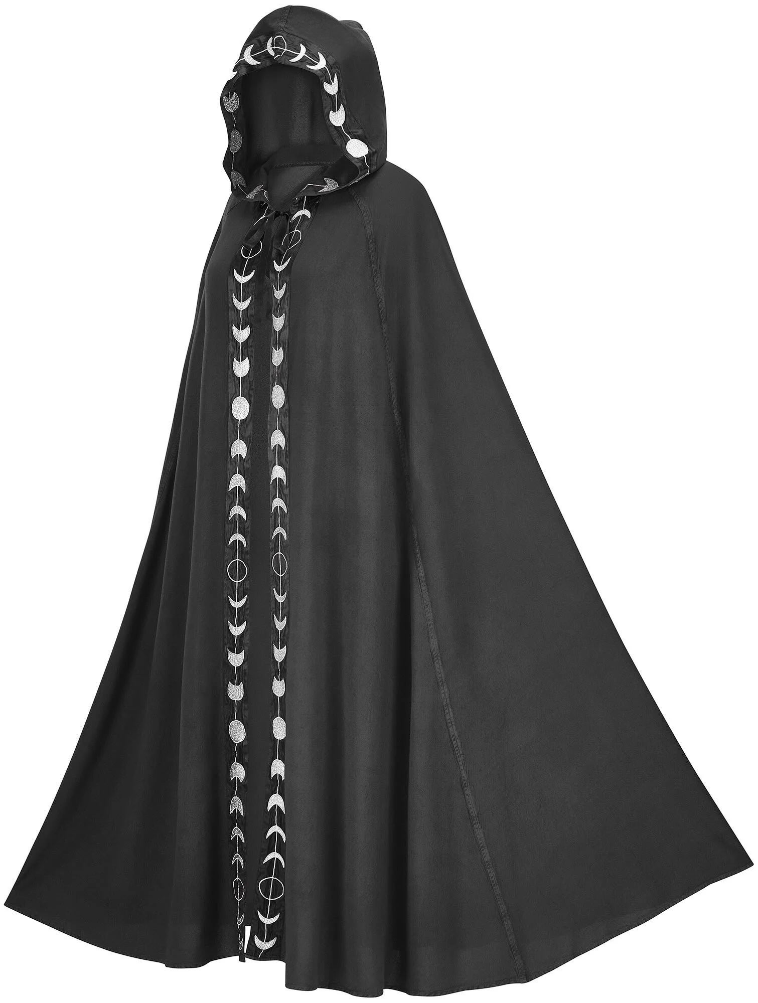 The black "Nyx" Cloak made of rayon with satin moon embroideries.